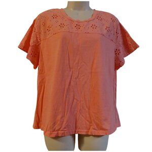 Time And Tru Coral Eyelet Yoke Top Womens Size L 12-14 Cotton Short Sleeve